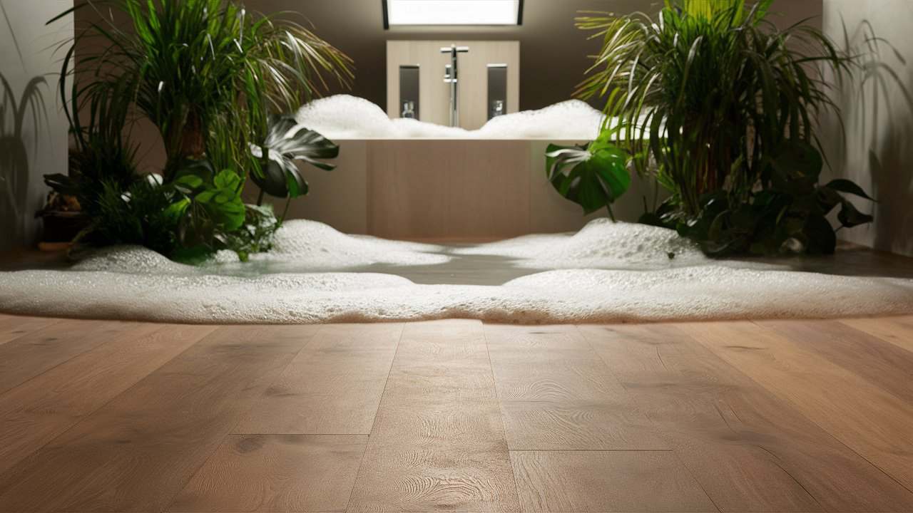Разлитая вода и пена на кварцпаркете в ванной комнате 