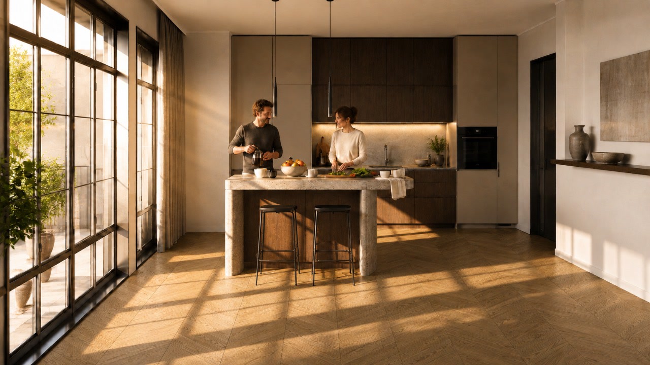 Семейная пара готовит завтрак на кухне с кварцевым паркетом французской ёлкой